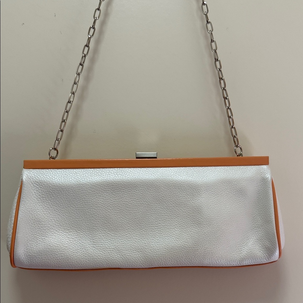 Kenneth Cole New York White Leather & Orange Clutch/ Shoulder Bag w/Chain Strap
